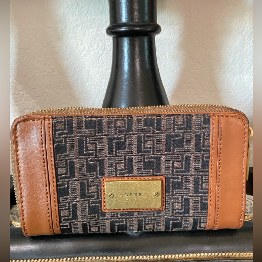 L.A.M.B. Gwen Stefani, Leather, Fabric Clutch Checkbook, Brown,Black Wallet